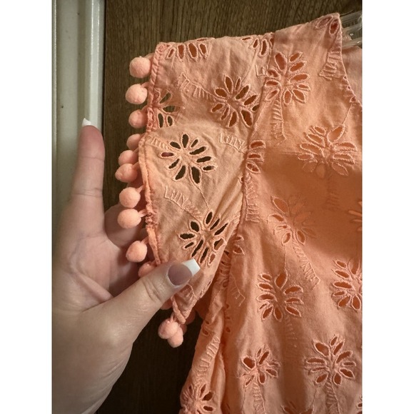 Lilly Pulitzer Astara Top Peach Flamingo Orange Palm Tree Eyelet Pom-Poms XXS - Picture 5 of 10
